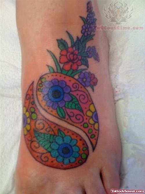 Colorful Flowery Yin Yang Tattoo on Foot