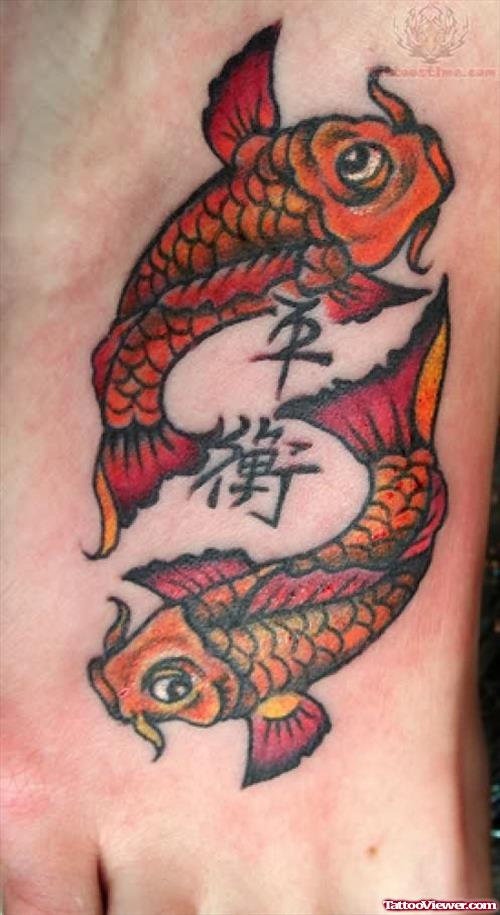 Fish And Symbols Tattoo On Foot