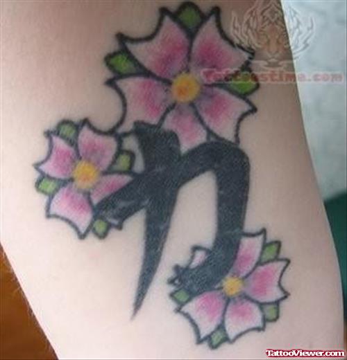 Cool Symbol And Flower Tattoo On Arm