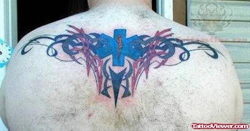 Colorful Symbol Tattoo On Upper Back