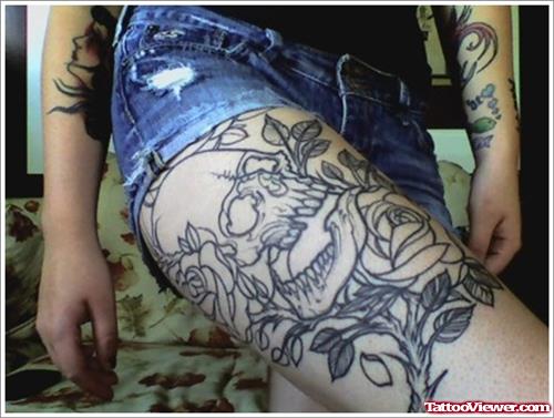 Skull and Outline Rose Flowers Thigh Tattoo