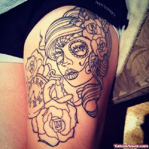 Rose Flowers And Girl Head Thigh Tattoo