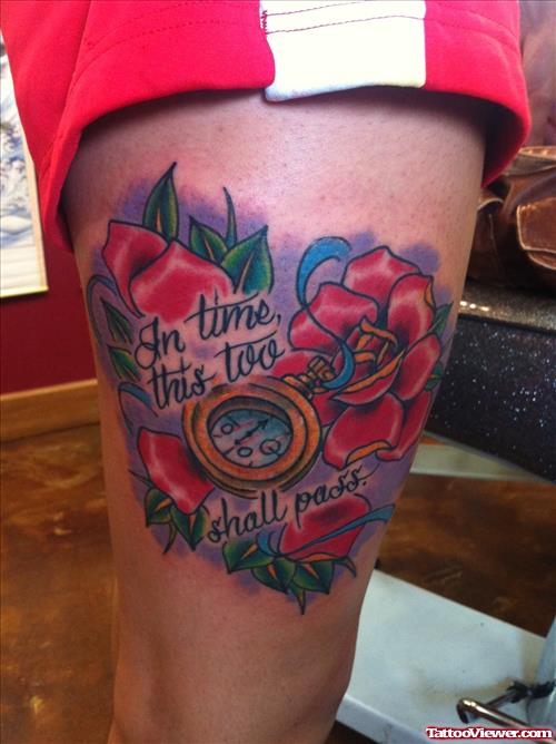 Red Flowers And Pocket Watch Thigh Tattoo