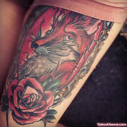 Fox And Red Rose Thigh Tattoo
