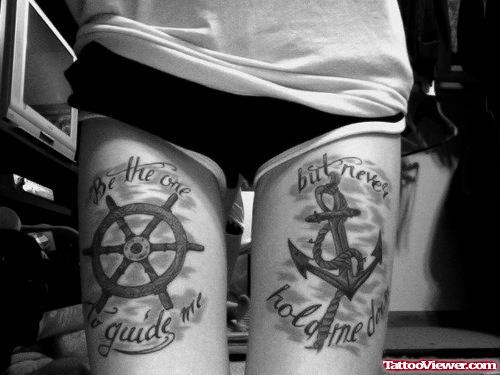 Compass And Anchor With Lettering Thigh Tattoo
