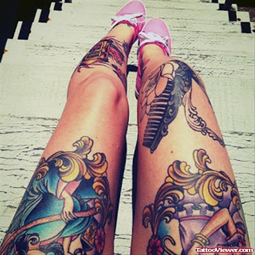 Colored Thigh Tattoos For Young Girls