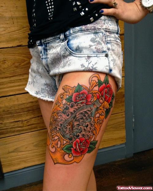 Red Roses And Anchor Tattoo On Left Thigh