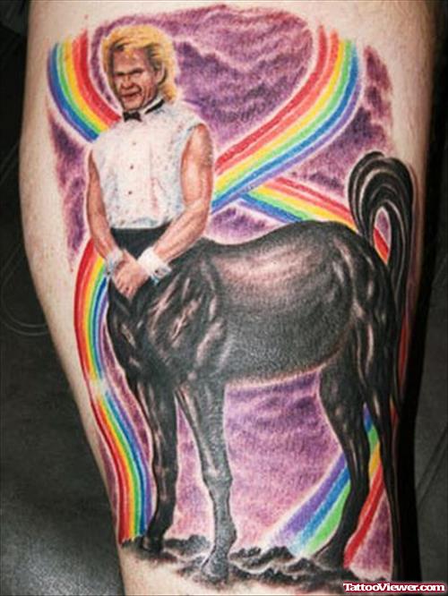 Man Head Horse Thigh Tattoo