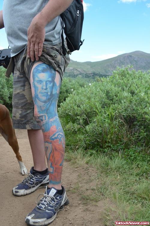John Elway Portrait Thigh Tattoo