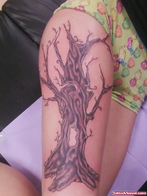 Grey Tree Right Thigh Tattoo