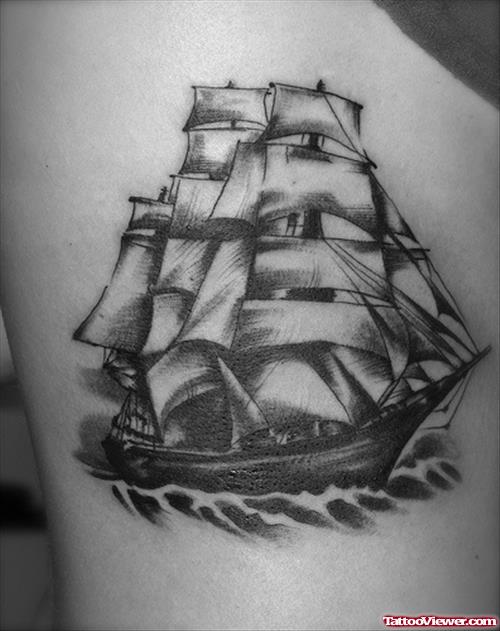 Grey Ink Ship Thigh Tattoo