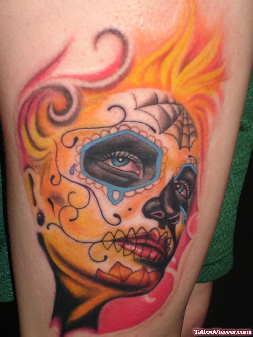 Colored Dia De Los Muertos Thigh Tattoo