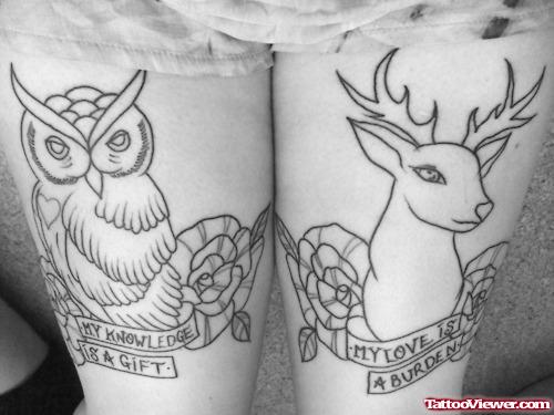 Owl And Deer With Banners Thigh Tattoos