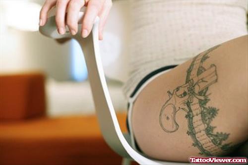 Lace With Gun Thigh Tattoo For Women