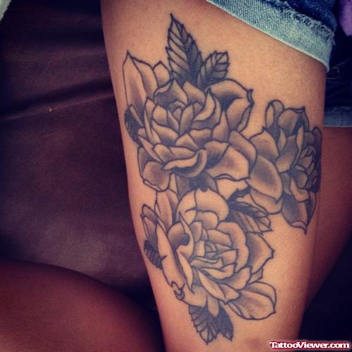 Grey Ink Rose Flowers Thigh Tattoo