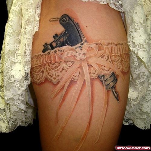 Garter And Lace Tattoo On Thigh