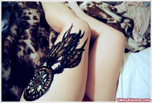 Colored Dreamcatcher Thigh Tattoo For Girls