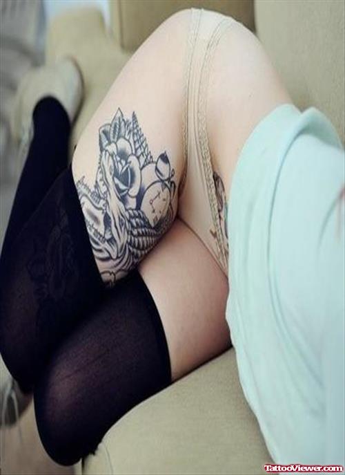 Flower Thigh Tattoo For Girls