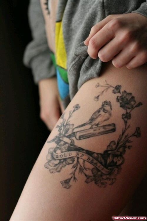 Grey Flowers And Bird Thigh Tattoo