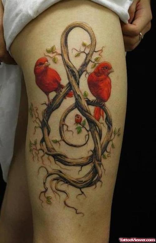 Tree Violen Key And Colored Birds Thigh Tattoo