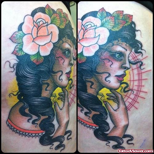 Rose Flower On Girl Head Thigh Tattoo