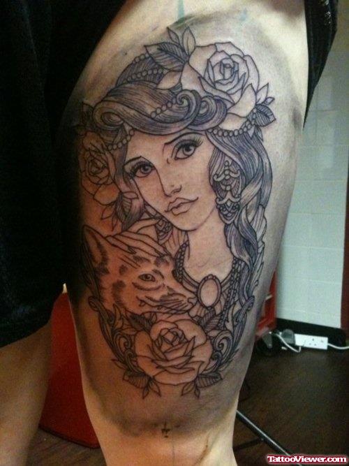 Girl With rode Flowers And Fox Thigh Tattoo