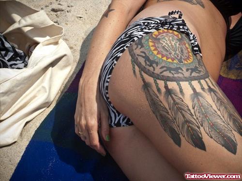 Dreamcatcher Feathers Girl Right Thigh Tattoo