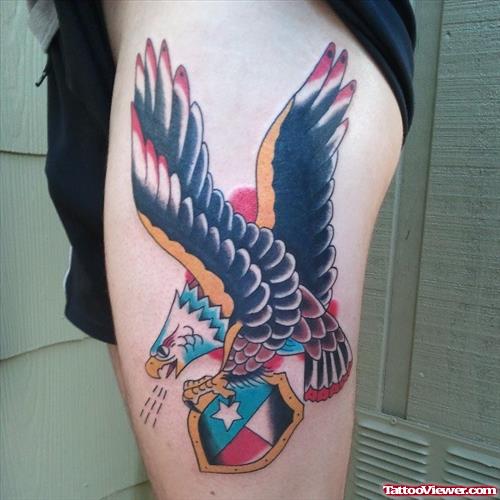colored Flying Eagle Thigh Tattoo