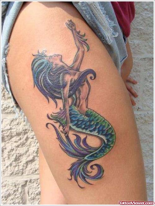 Color Ink Mermaid Thigh Tattoo For Young Girls