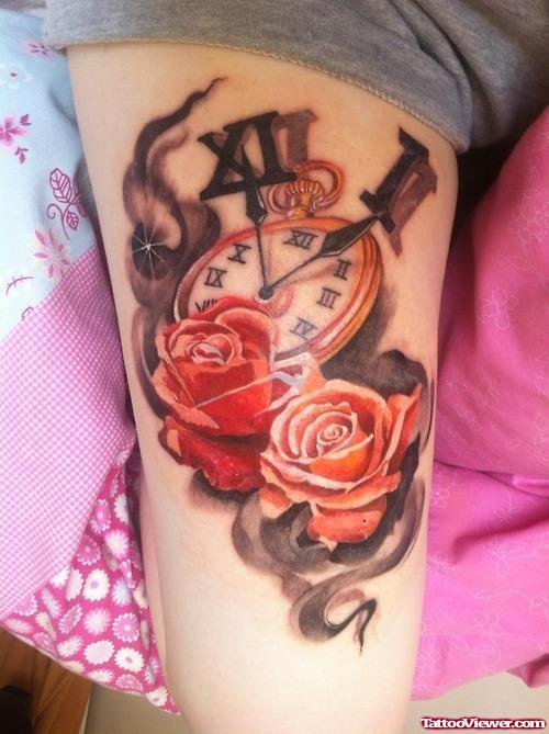 Beautiful Clock And Red Rose Flowers Thigh Tattoo