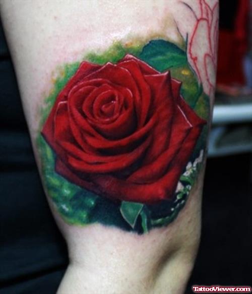 Awesome Red Rose Side Thigh Tattoo