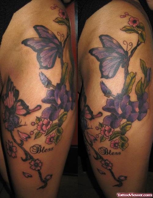 Purple Flowers And Butterfly Thigh Tattoos
