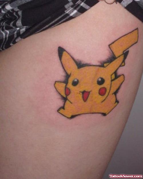 Pikachu Colored Tattoo On Thigh