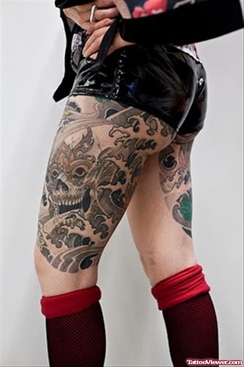Japanese Skull Tattoo On Girl Left Thigh