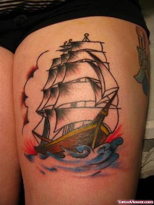 Grey Ship Thigh Tattoo