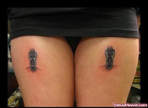Grey Ink Zip Slider Tattoos On Thigh