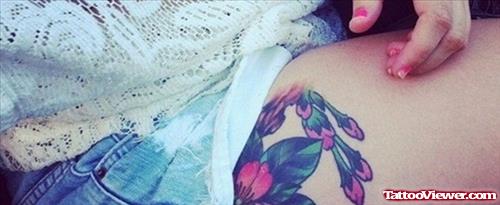Girl With Colored Flowers Right Thigh Tattoo