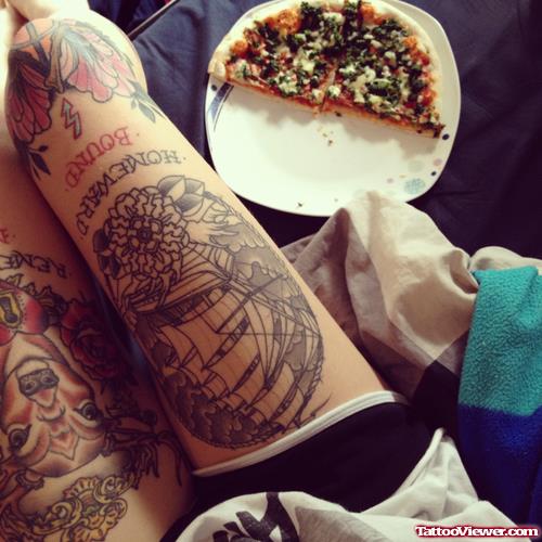Flowers Ship And Deer Head Thigh Tattoos