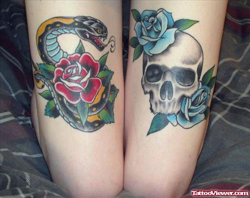 Blue Roses With Skull And Red Rose With Snake Thigh Tattoo