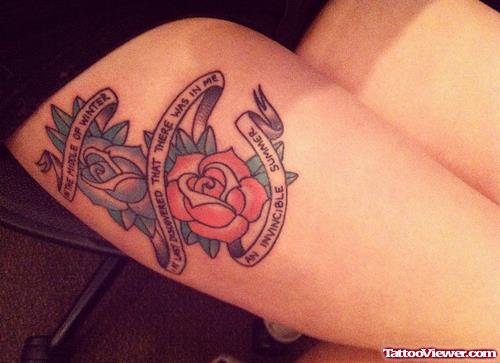 Blue And Red Rose Thigh Tattoo For Girls