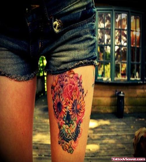 Awesome colored Flowers Skull Left Thigh Tattoo