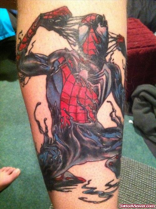 Amazing Colored Spiderman Thigh Tattoo