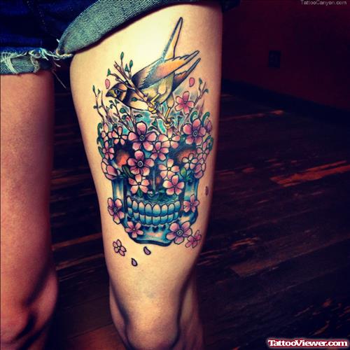 Sugar Skull and Flowers Thigh Tattoos