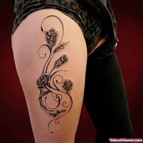 Swirl Black Rose Flowers Thigh Tattoo