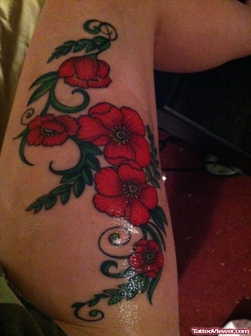 Red Flower Thigh Tattoo