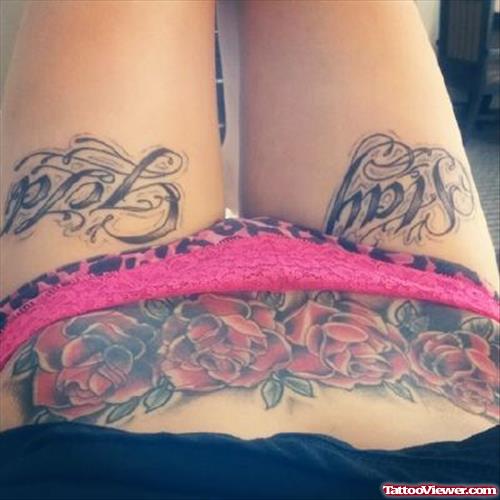 Red Roses And Stay Gold Thigh Tattoos