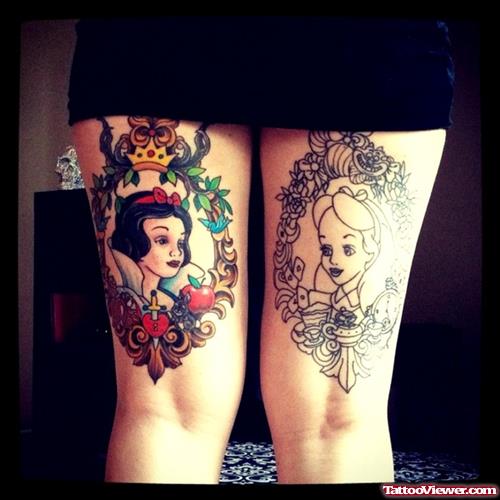 Girl Head In Frame Tattoo On Back Thighs