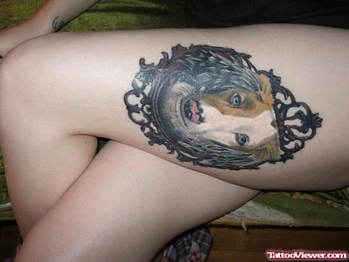 Dog Head Ornate Frame Thigh Tattoo