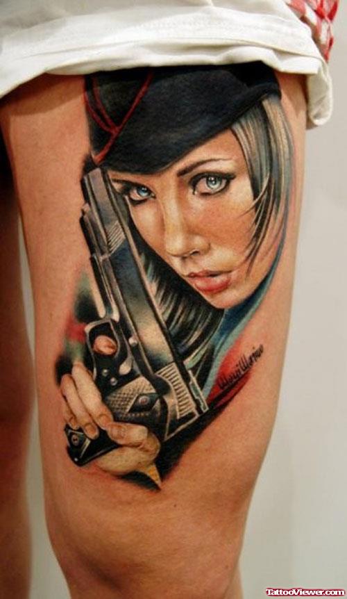 Colored Ink Girl With Gun Thigh Tattoo