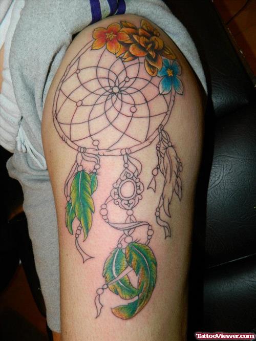 Colored Dreamcatcher Thigh Tattoo